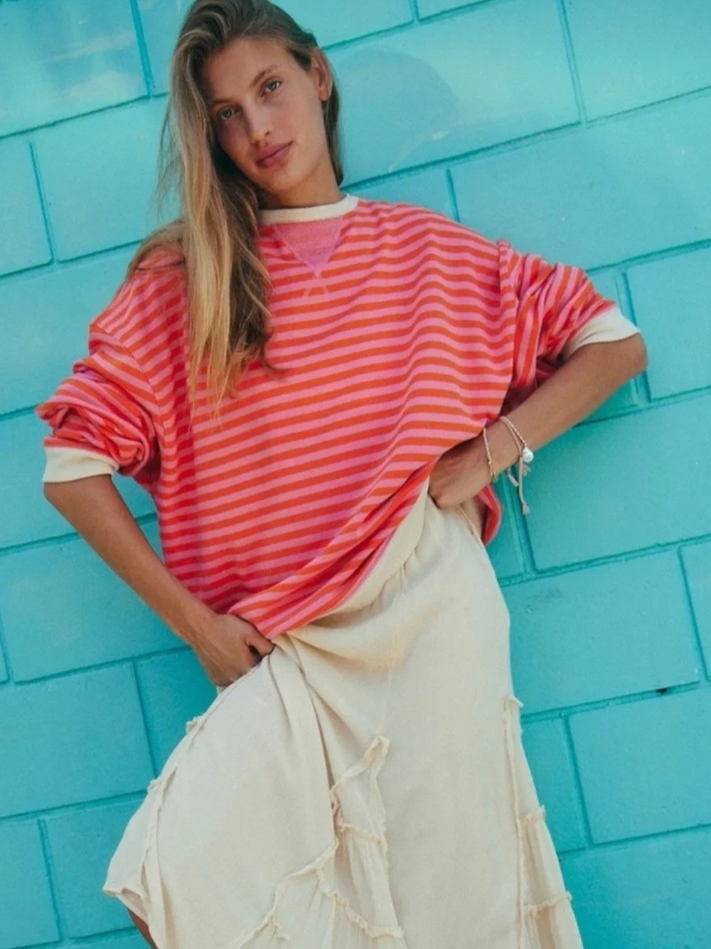 Free People Coral & Pink Striped Oversized Sweatshirt